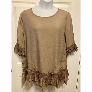 NWT Indigo Soul Women's XL‎ Brown Beige Babydoll Tunic Shirt Tassels Ruffle Boho
